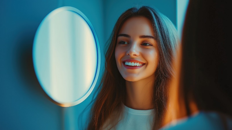 Woman checking her smile while looking in a mirror