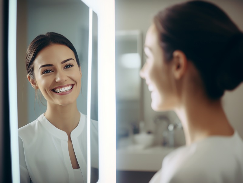 Smiling woman checking her teeth in a mirror